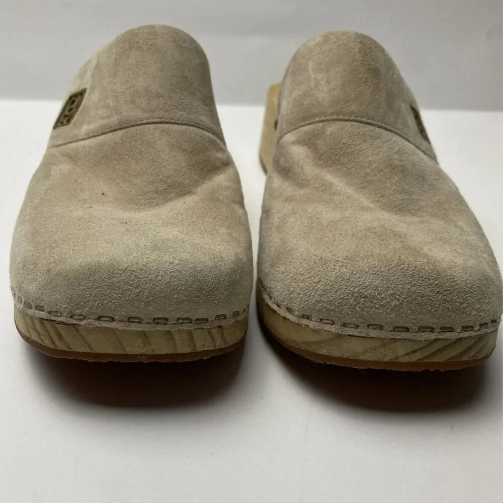 CHANEL Beige Suede Wooden Platform Clogs Size 37